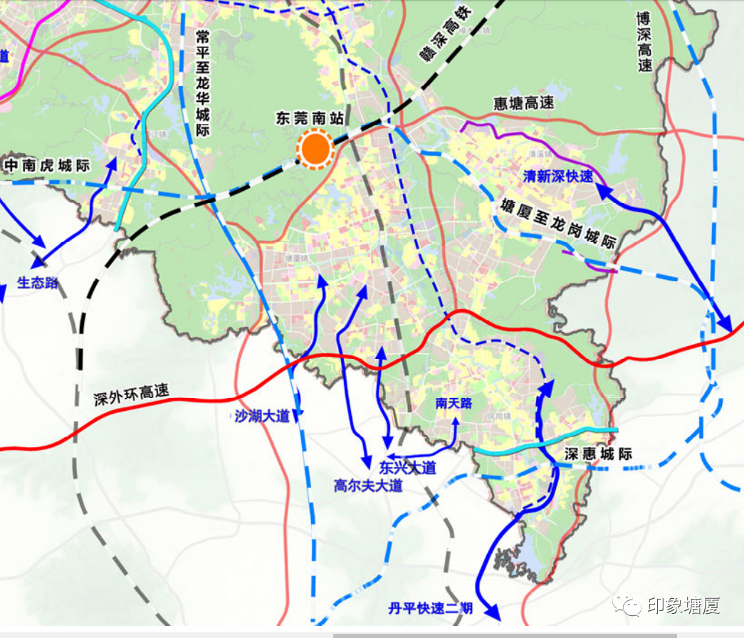 规划布局图》可以看到,位于塘厦的东莞南站是赣深高铁,中南虎城际铁路