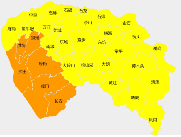 东莞市气象台于5月10日15时38分将道滘,洪梅,厚街,沙田,虎门,长安区域