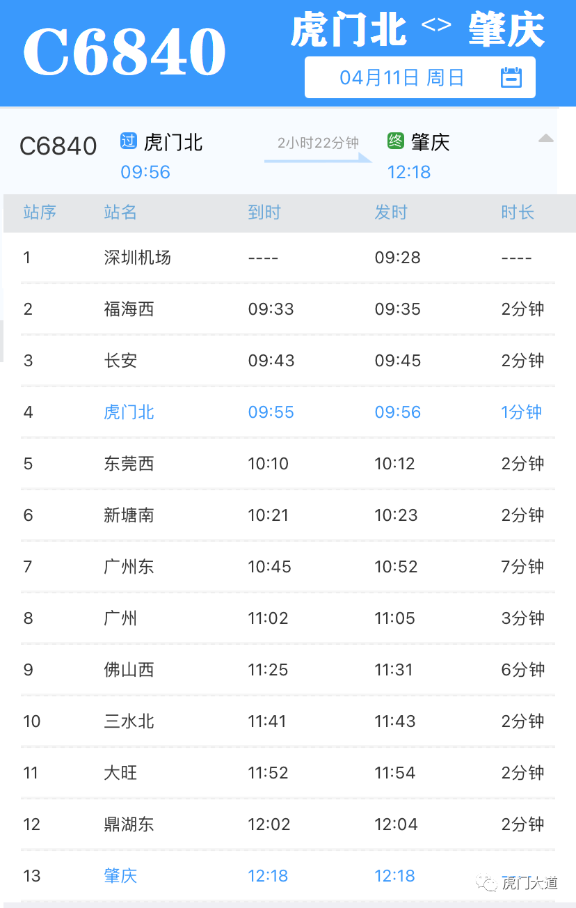 每趟列车的时刻表【按从早至晚排列】值得一提的是,经过虎门东站的这